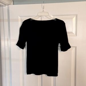 Navy blue v-neck cuffed short sleeve women's blouse